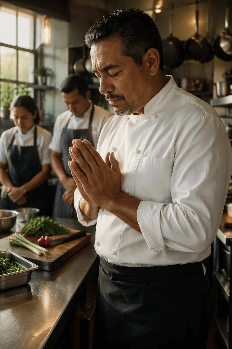 Chef Praying Before Service in Kitchen