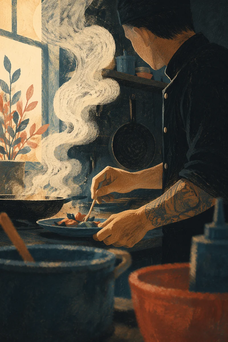 Moody Chef Preparing Food in Kitchen