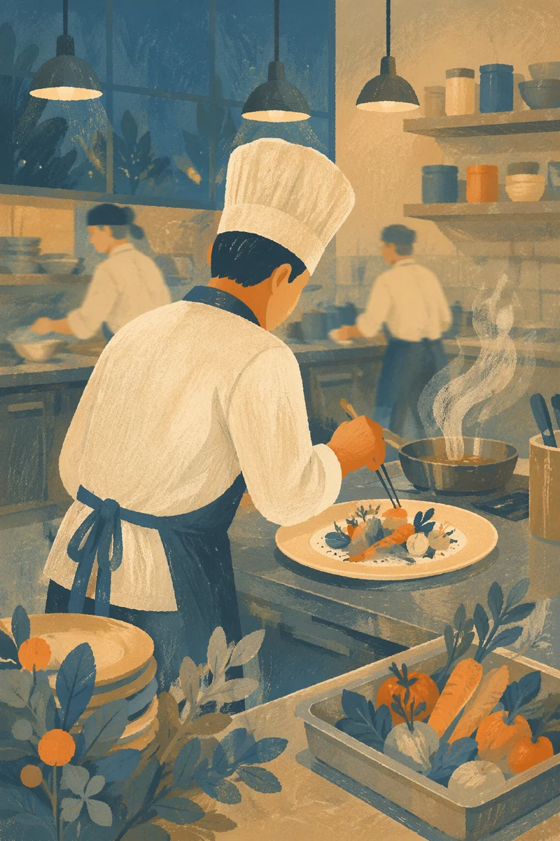 Chef Plating Vegetables in Modern Kitchen