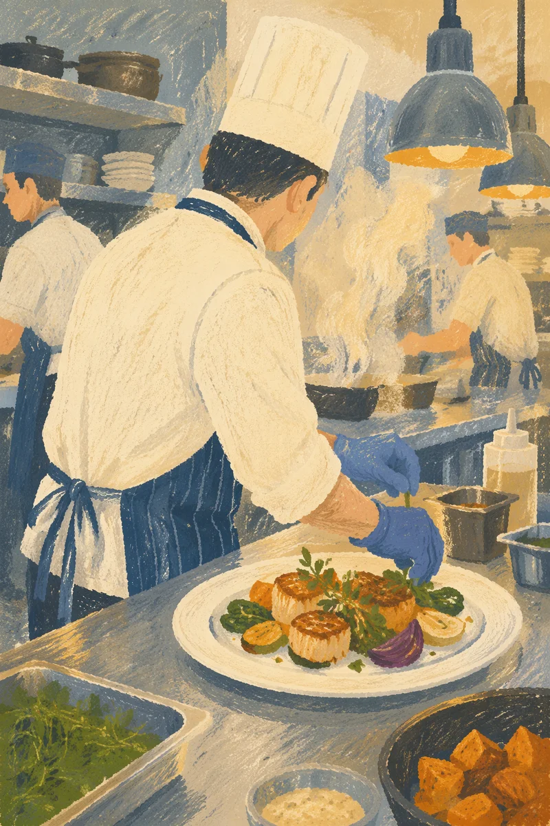 Chef Plating Fresh Dish in Busy Kitchen