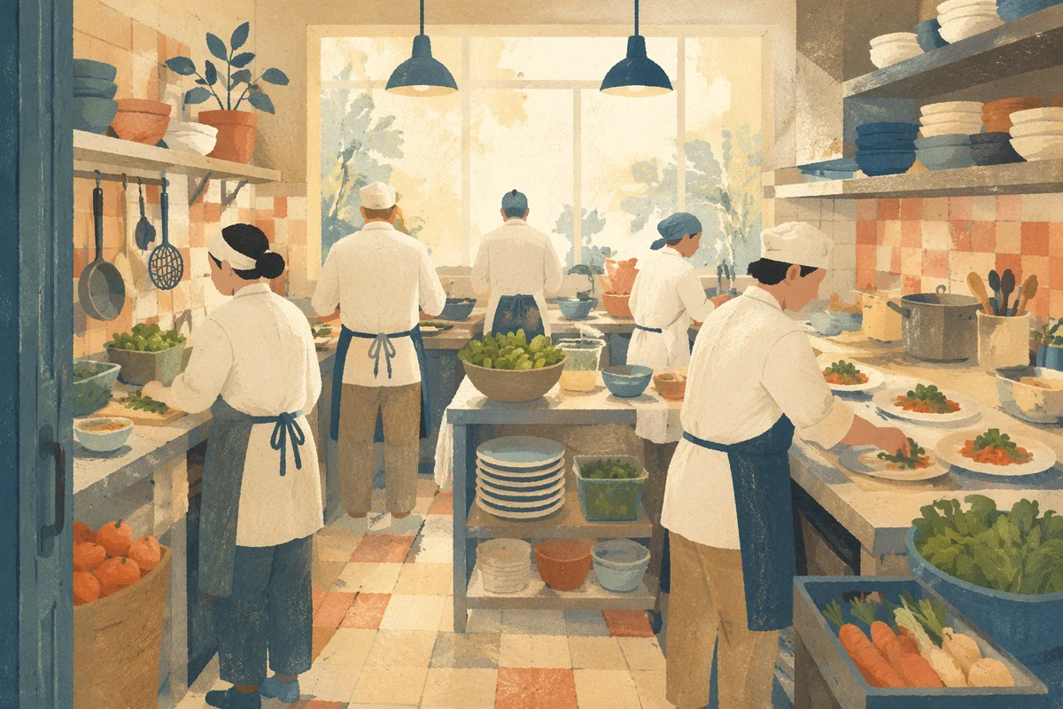 Busy Restaurant Kitchen Food Preparation Scene