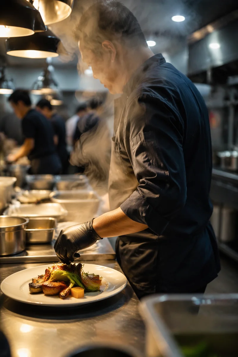 Chef Plating Fresh Dish in Busy Kitchen