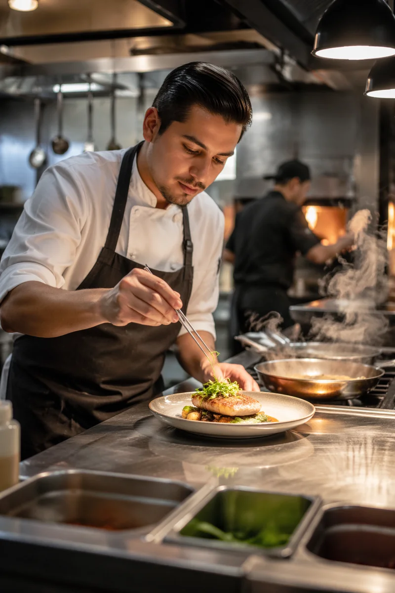 Chef Plating Entrée in Restaurant Kitchen