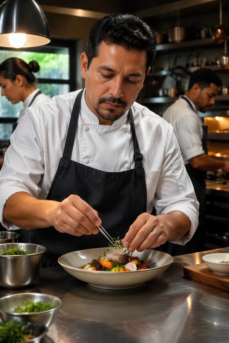 Chef Plating Vegetable Dish in Kitchen