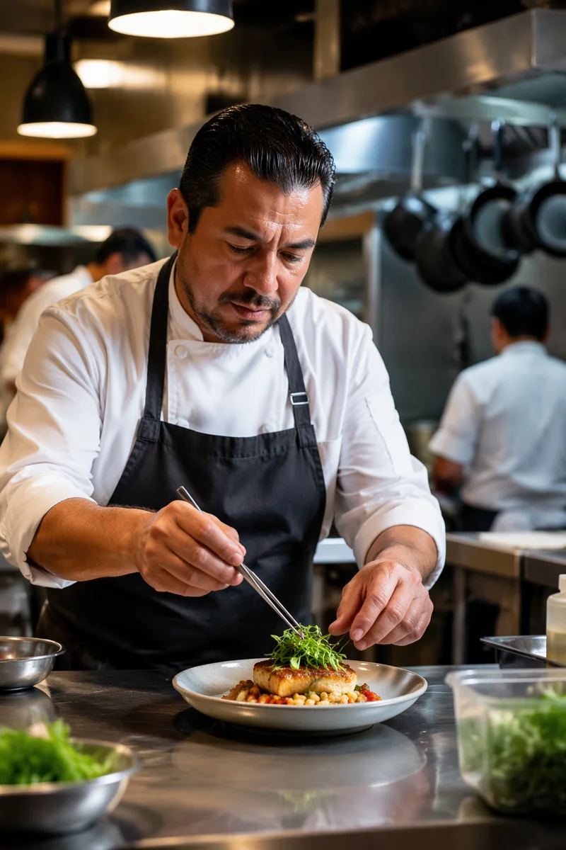 Chef Plating Entree in Restaurant Kitchen