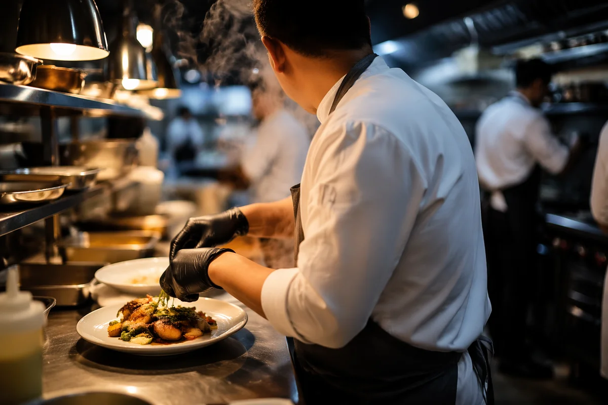 Chef Plating Fresh Dish in Restaurant Kitchen