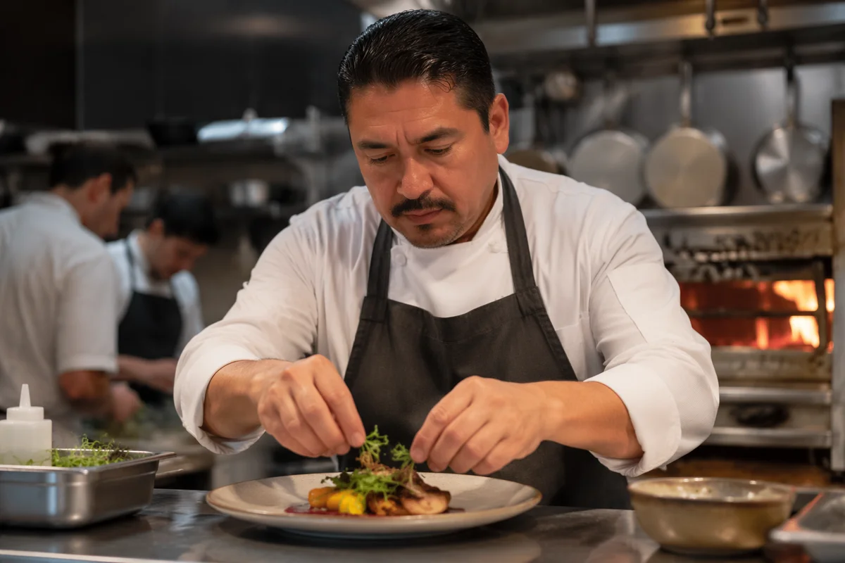 Chef Plating Dish in Busy Kitchen