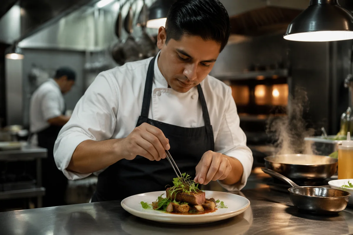 Chef Plating Dinner in Restaurant Kitchen