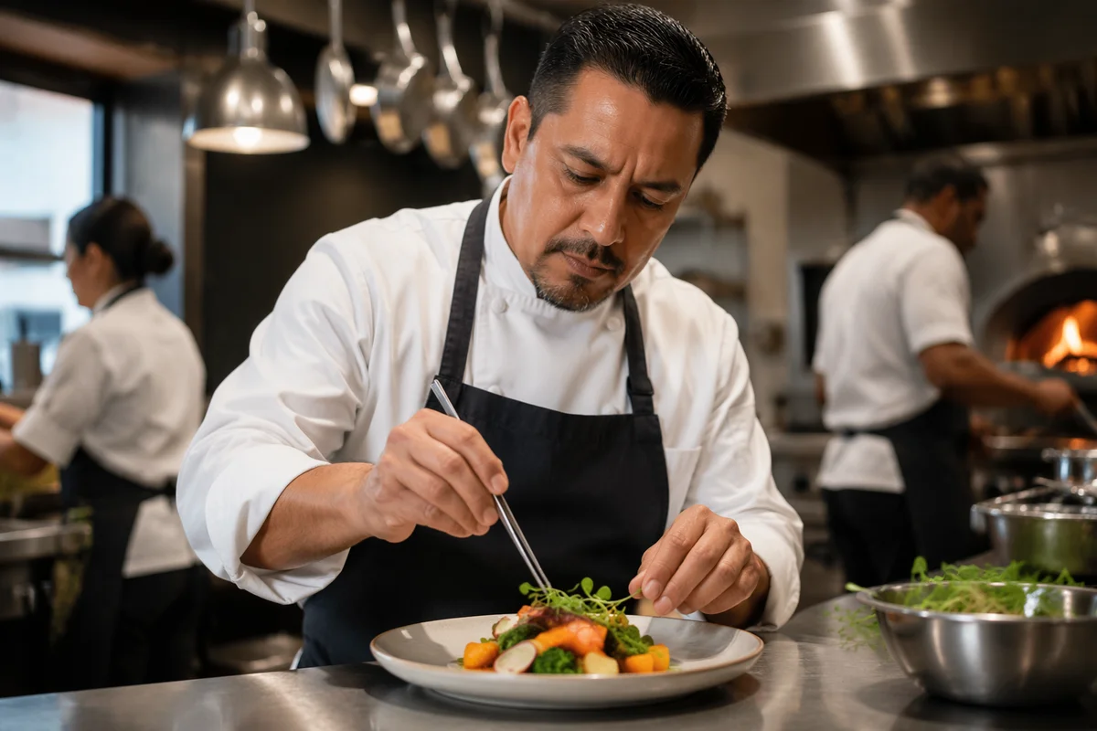 Chef Plating Dish in Restaurant Kitchen