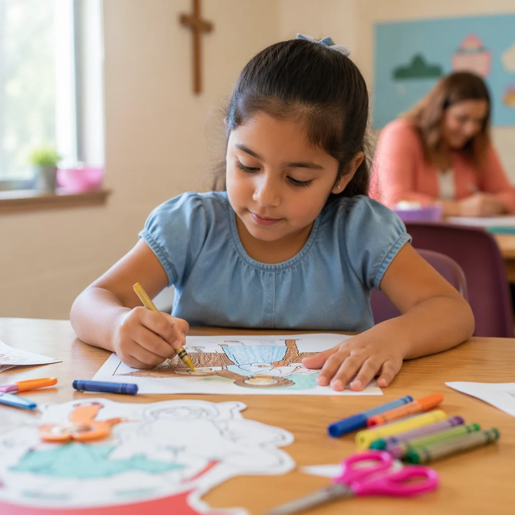Young Girl Coloring at Classroom Table