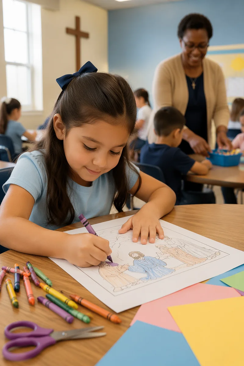 Girl Coloring at Classroom Craft Table