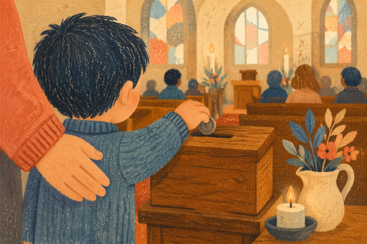 Child Giving Coin in Church Offering