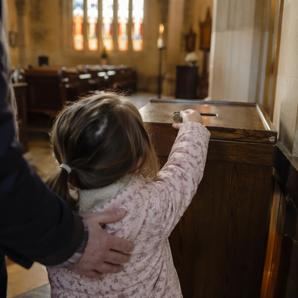 Child Giving Coin in Church Offering