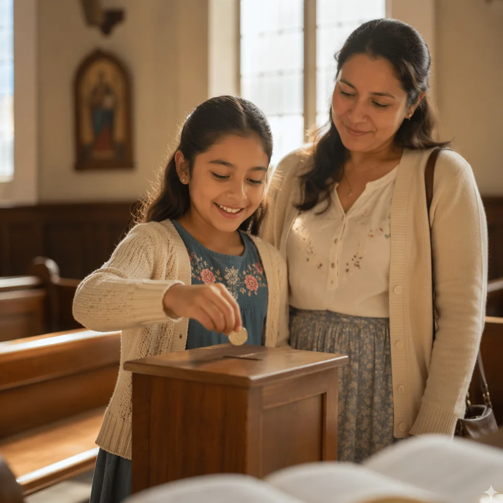 Girl Donating Coin in Church Interior