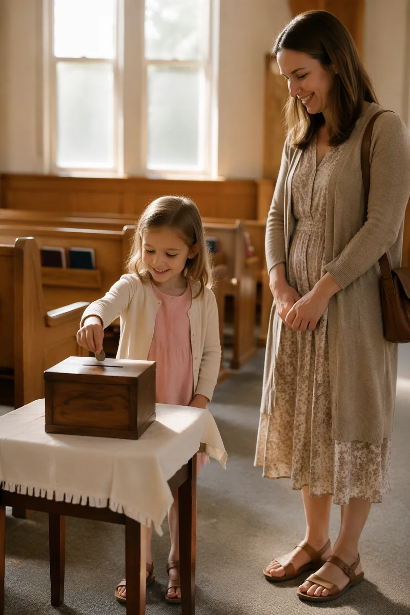 Child Donating Coin in Sunlit Church