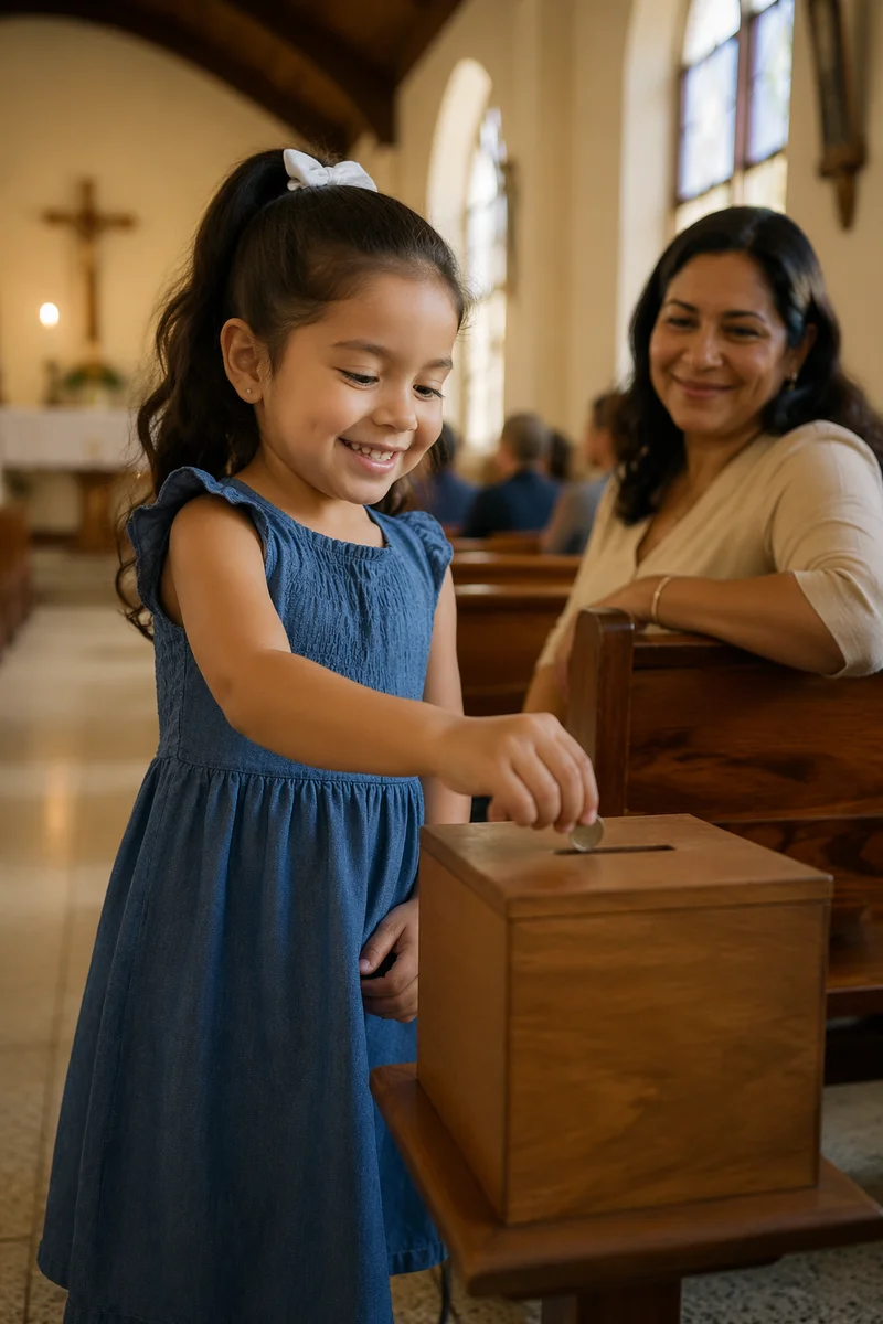 Child Donating Coin in Sunlit Church
