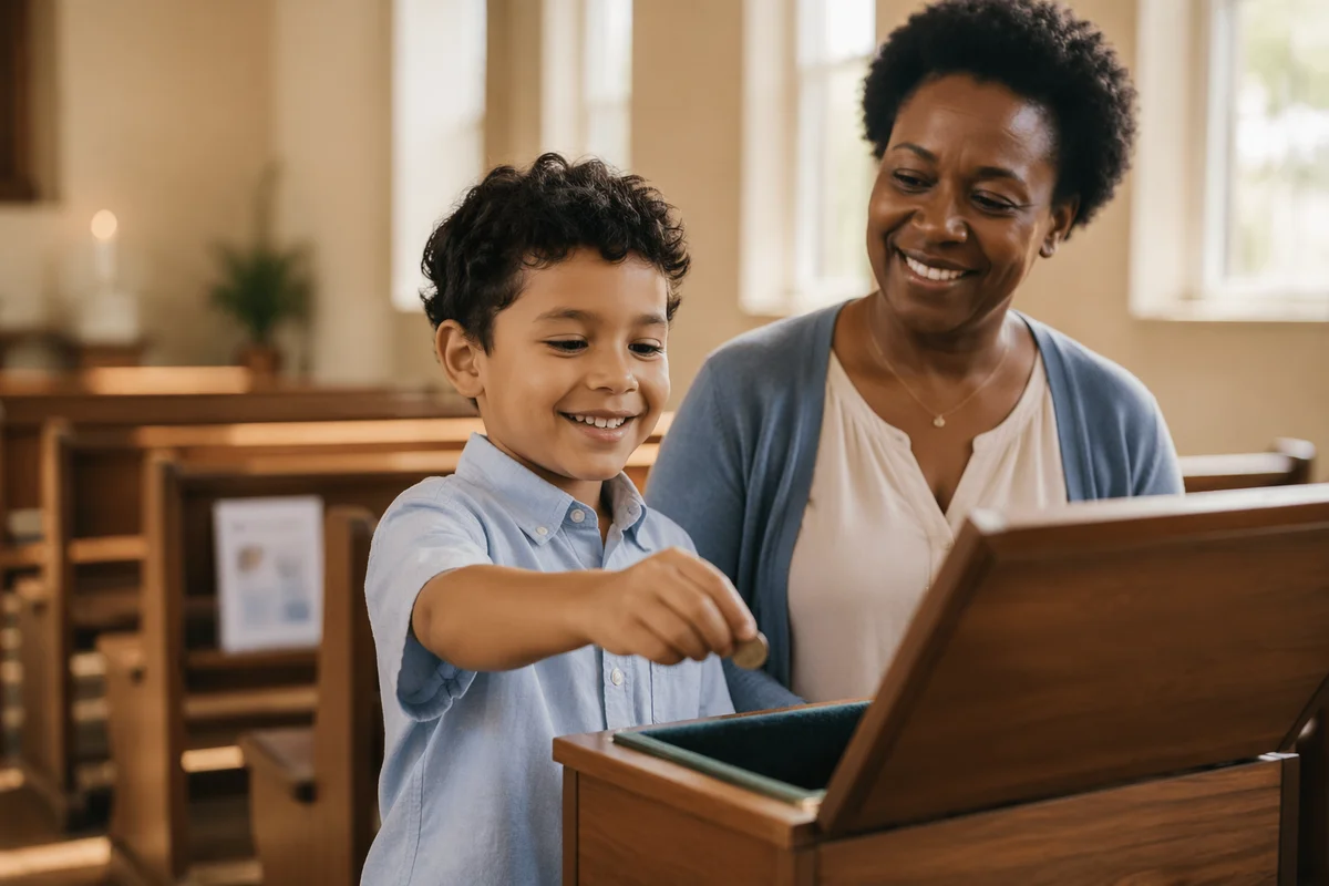 Child Donating Coin Beside Smiling Parent