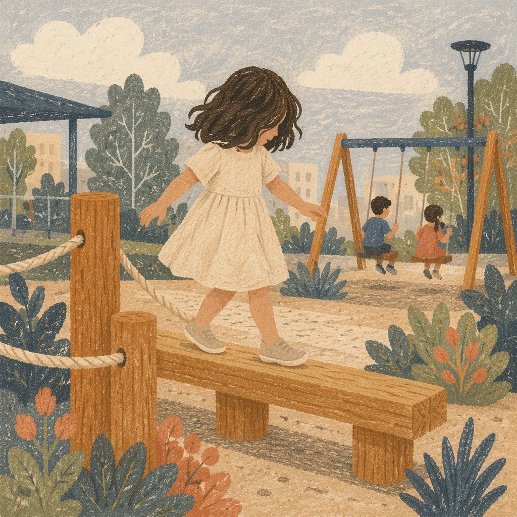Happy Child Playing on Park Balance Beam