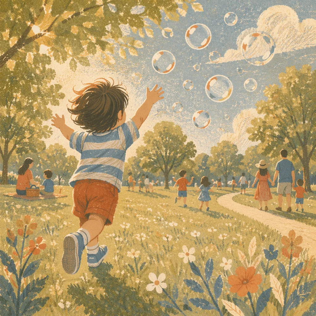 Joyful Child Chasing Bubbles in Park