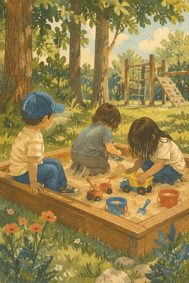 Happy Children Playing in Forest Park Sandbox