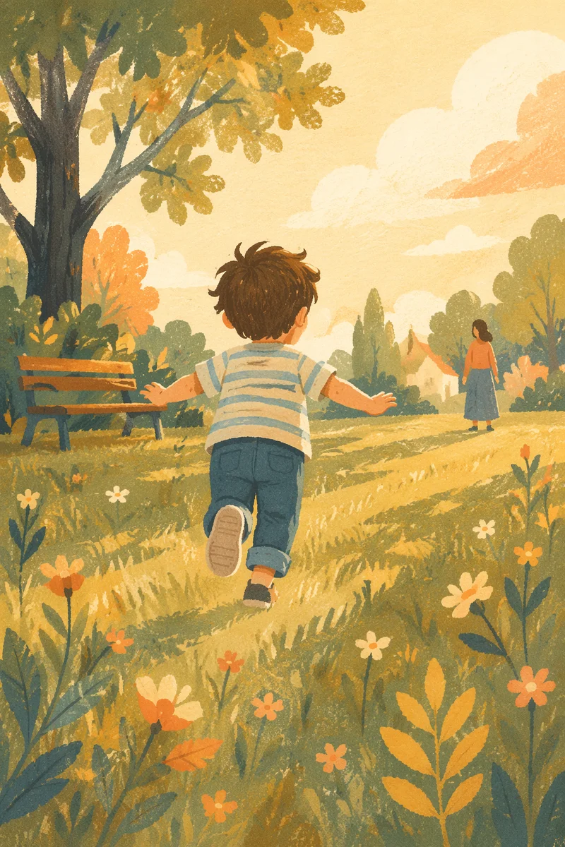 Happy Child Running Through Golden Park Grass