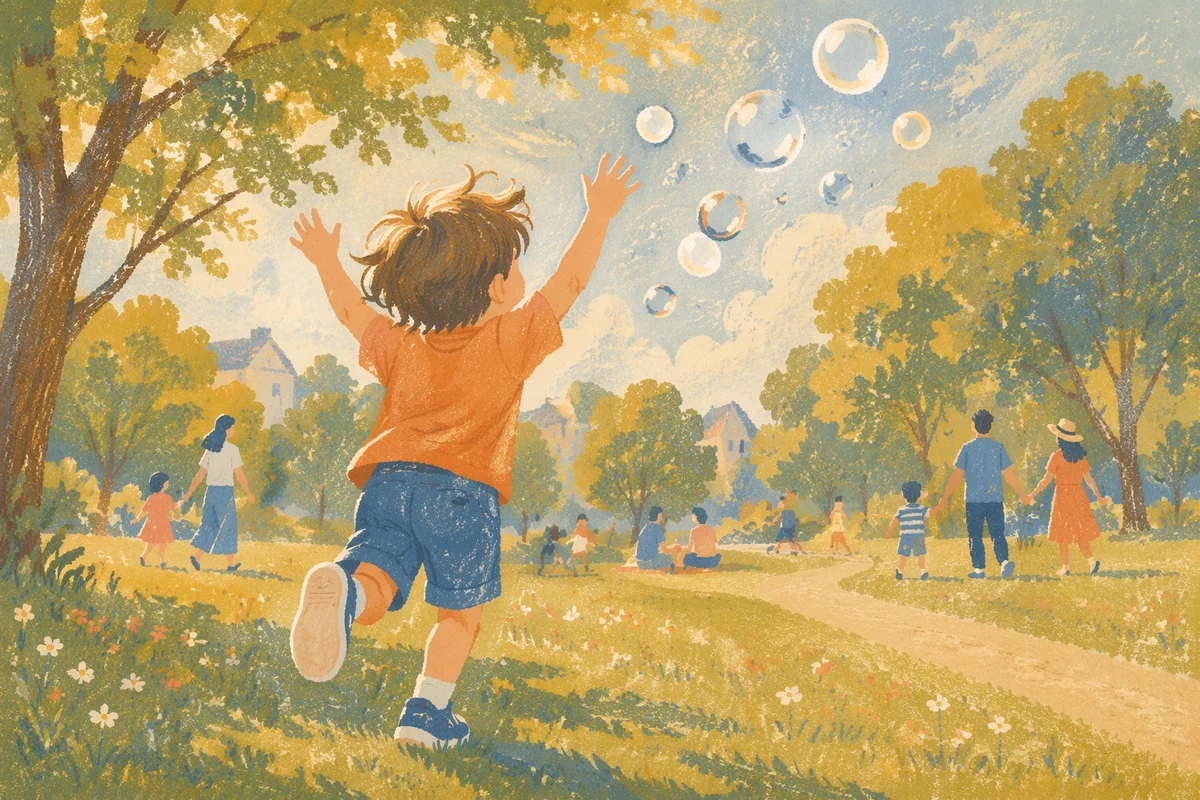 Joyful Child Chasing Bubbles in Park