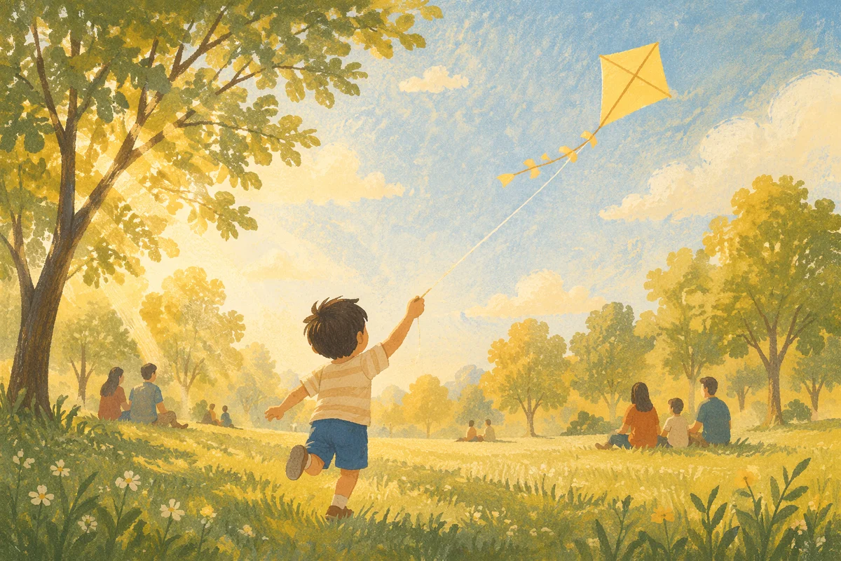 Happy Child Running With Yellow Kite