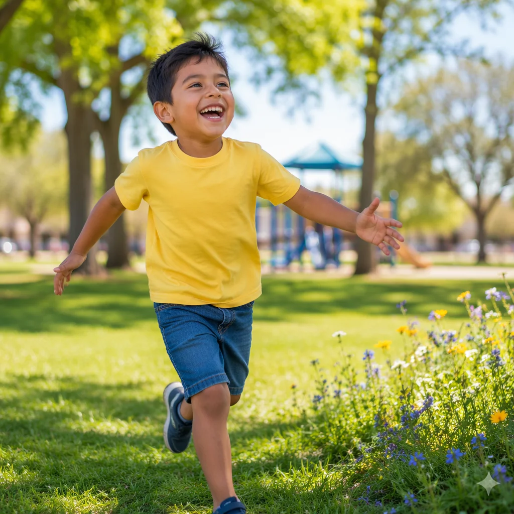 Joyful Boy Running Through Spring Park