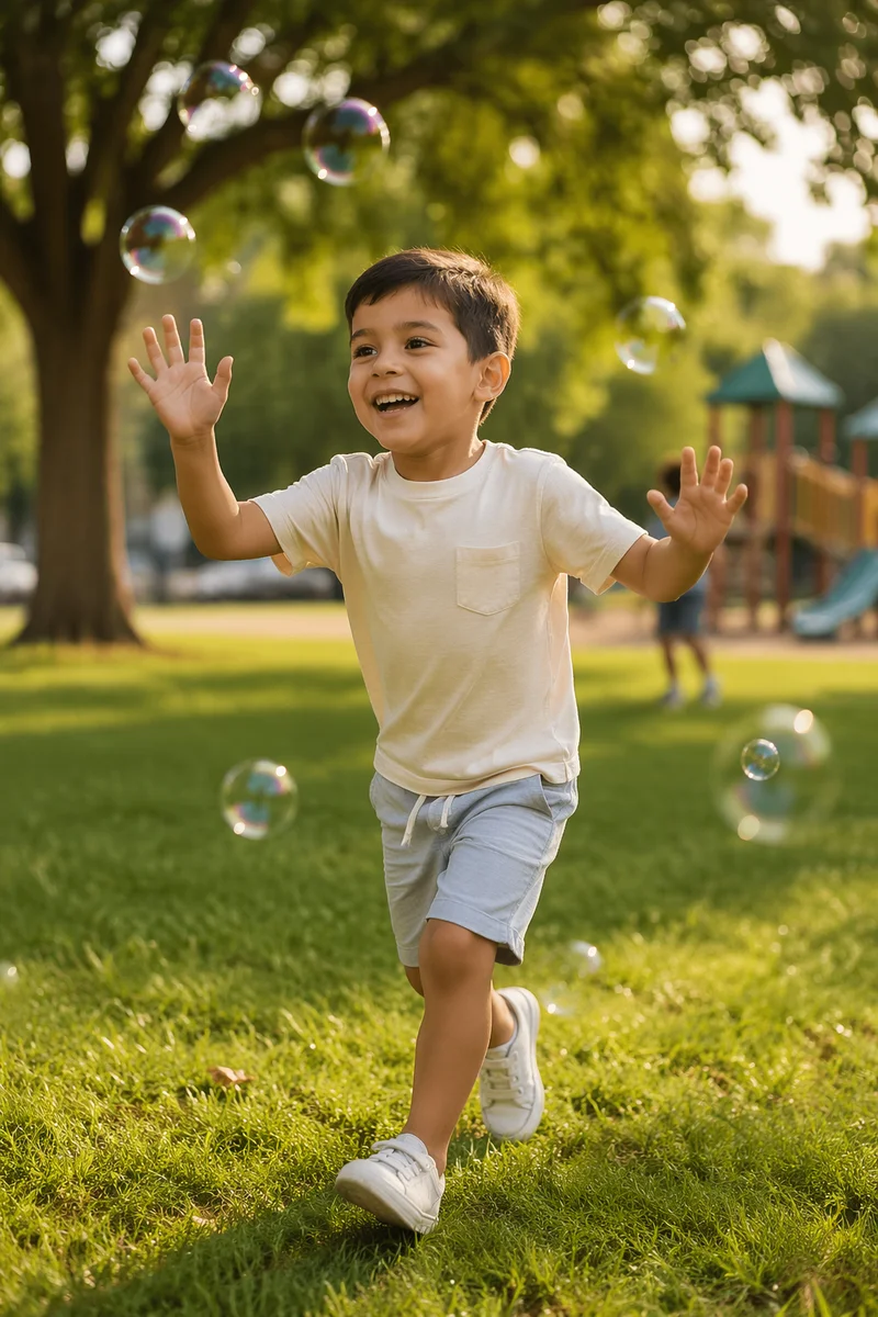 Joyful Boy Chasing Bubbles in Park