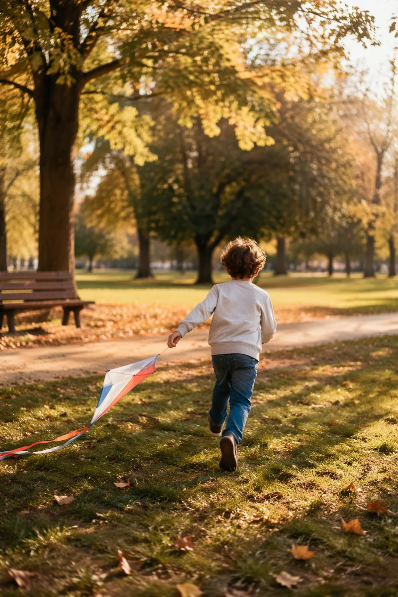 Happy Child Running With Kite in Park