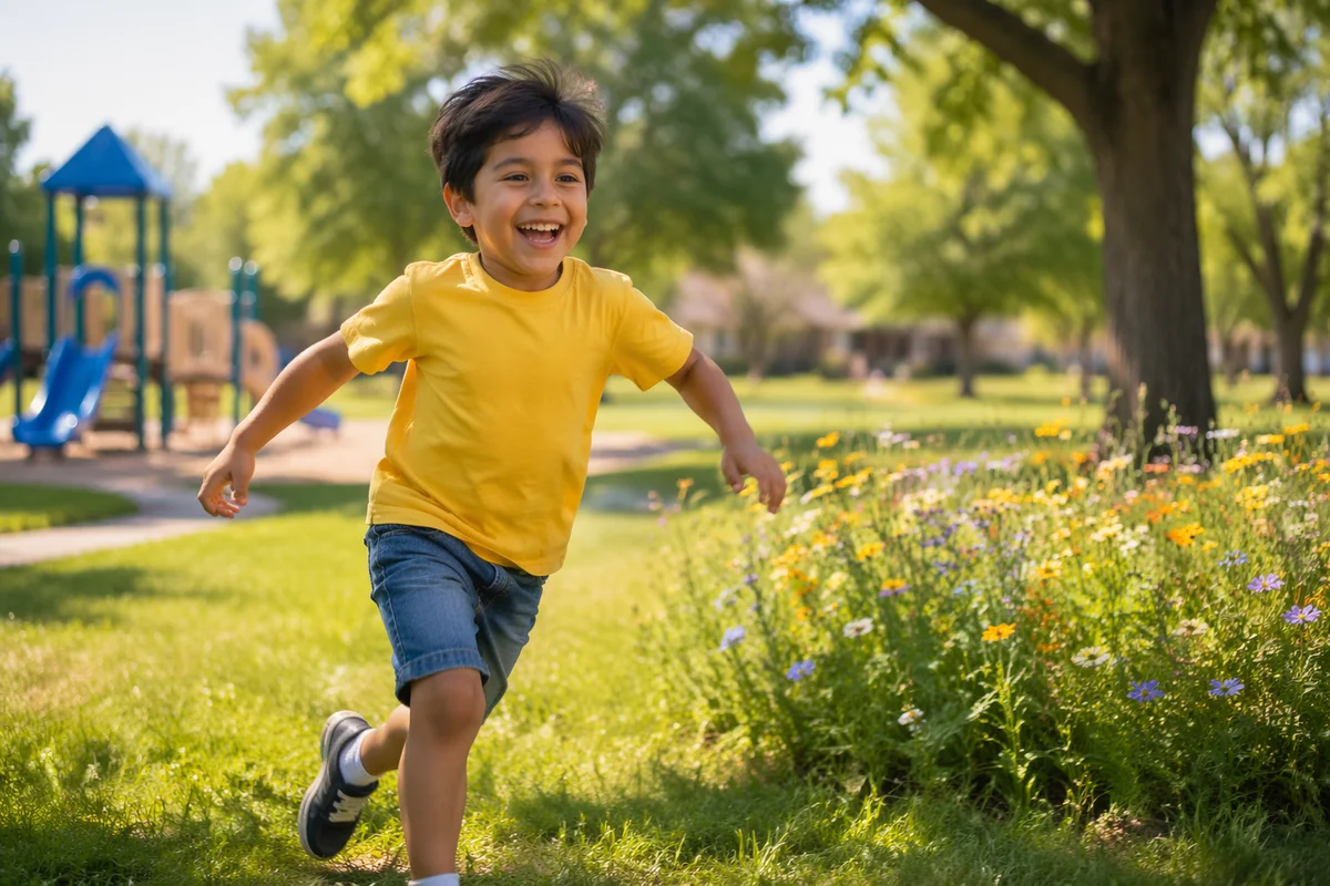 Joyful Boy Running in Spring Park