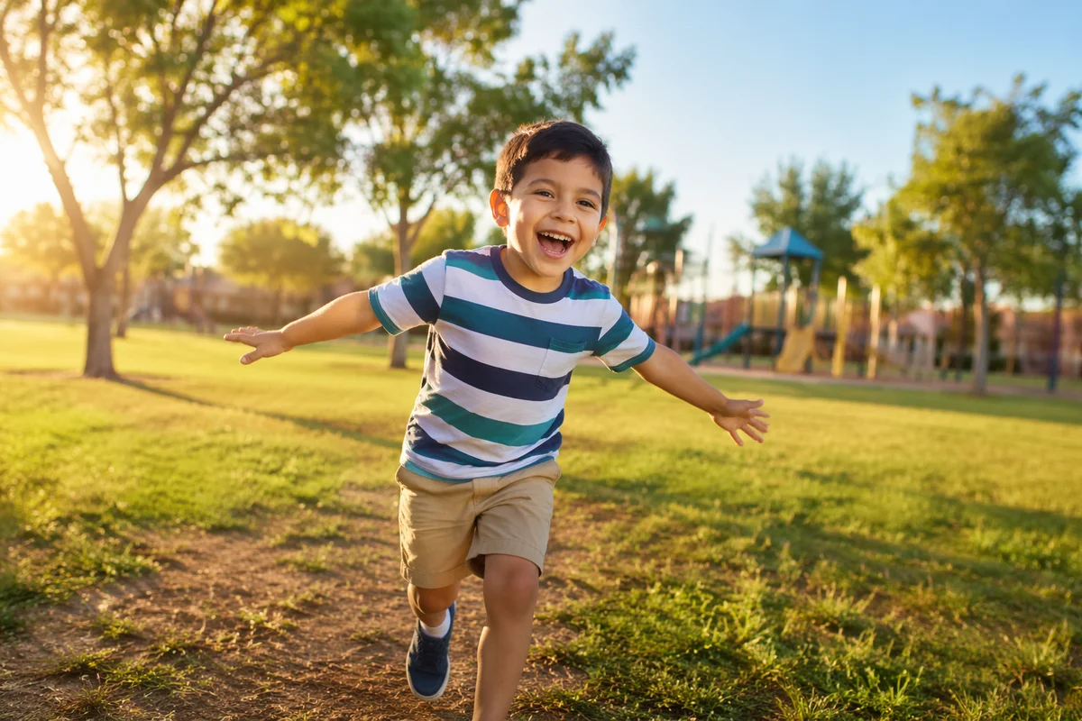 Happy Young Boy Running in Park