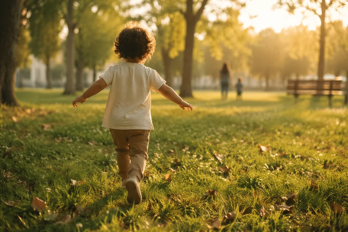 Happy Child Running Through Golden Park