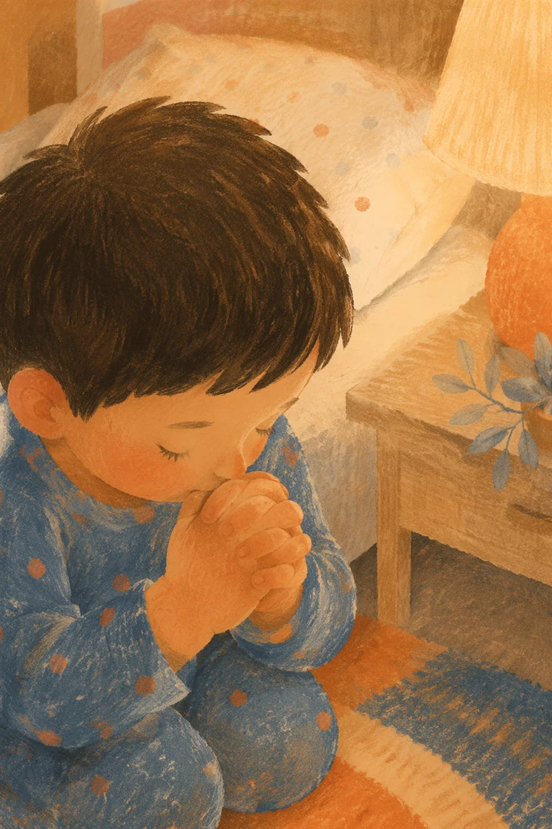 Child Praying Beside Bed at Night