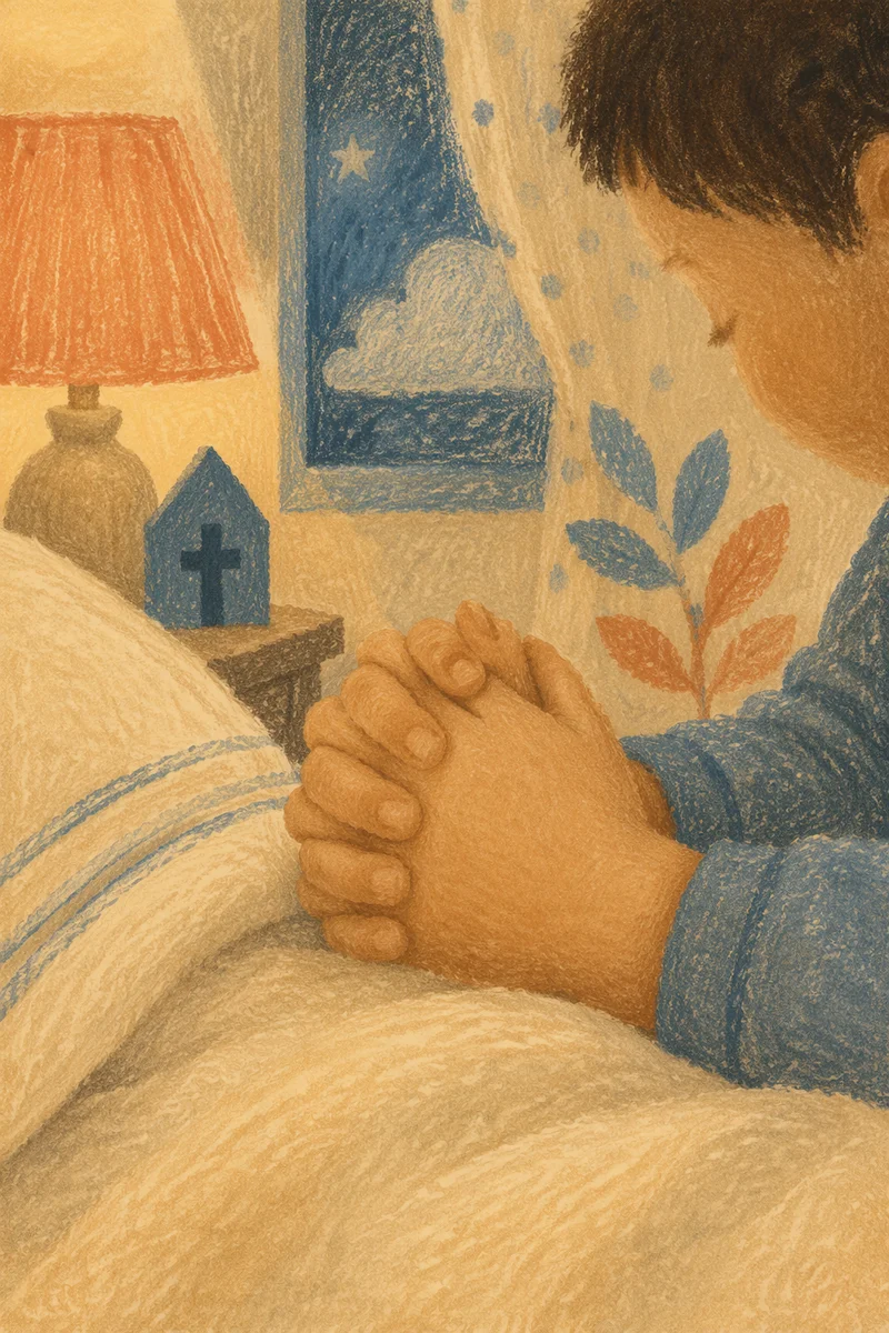 Child Praying Beside Bed at Night