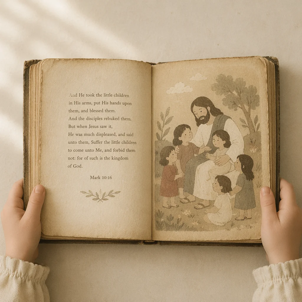 Child Reading Vintage Bible Picture Book