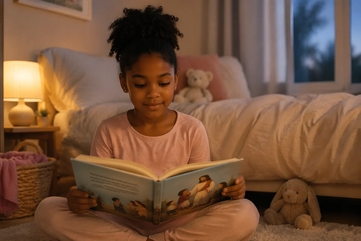 Young Girl Reading Picture Book at Bedtime
