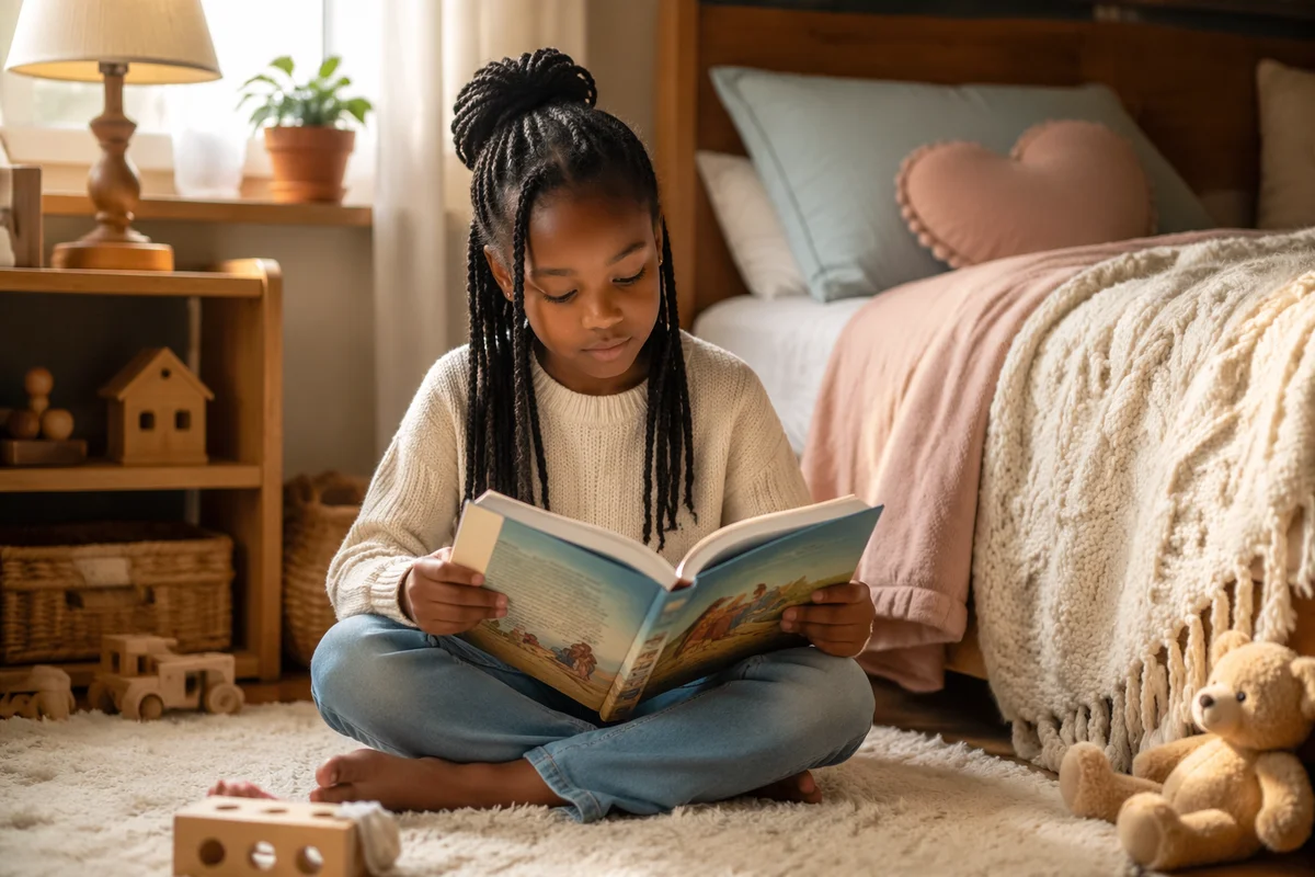 Young Girl Reading Picture Book Indoors