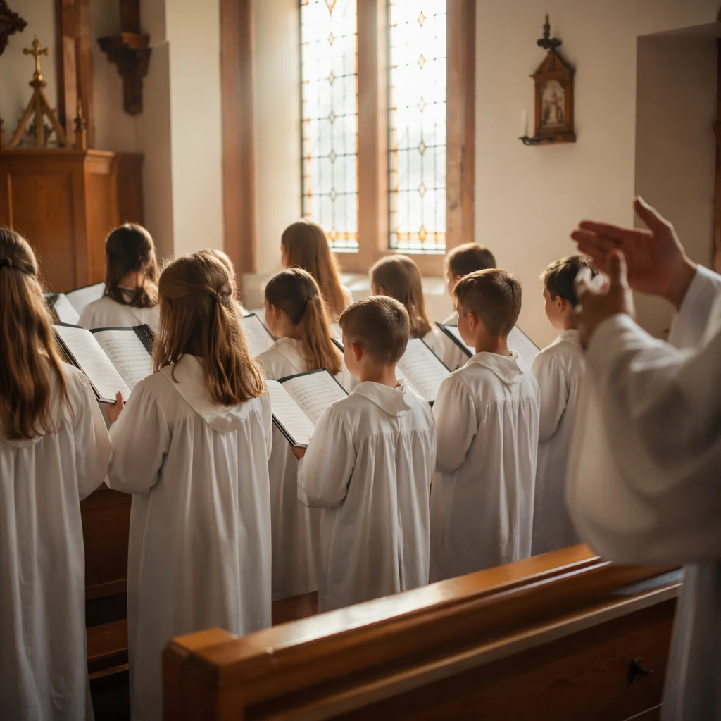 Children's Church Choir Singing in White Robes