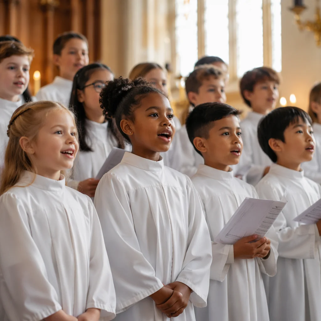 Children's Church Choir Singing in White Robes