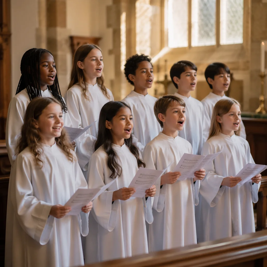 Diverse Children Choir Singing in White Robes