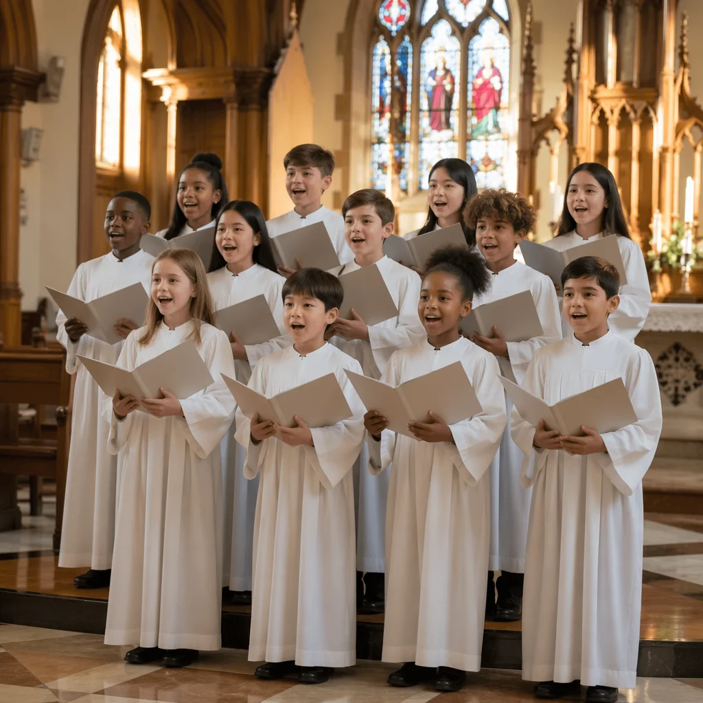 Children's Choir Singing in Sunlit Church