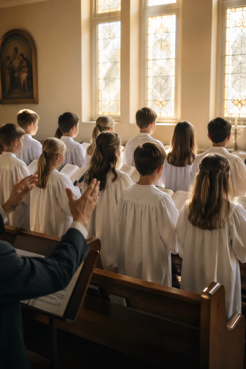 Children Church Choir Singing in White Robes