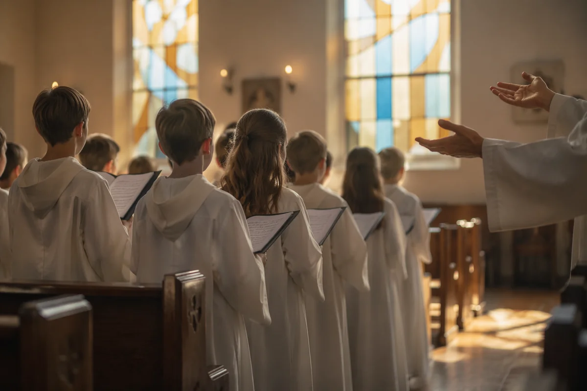 Children Choir Singing in White Robes
