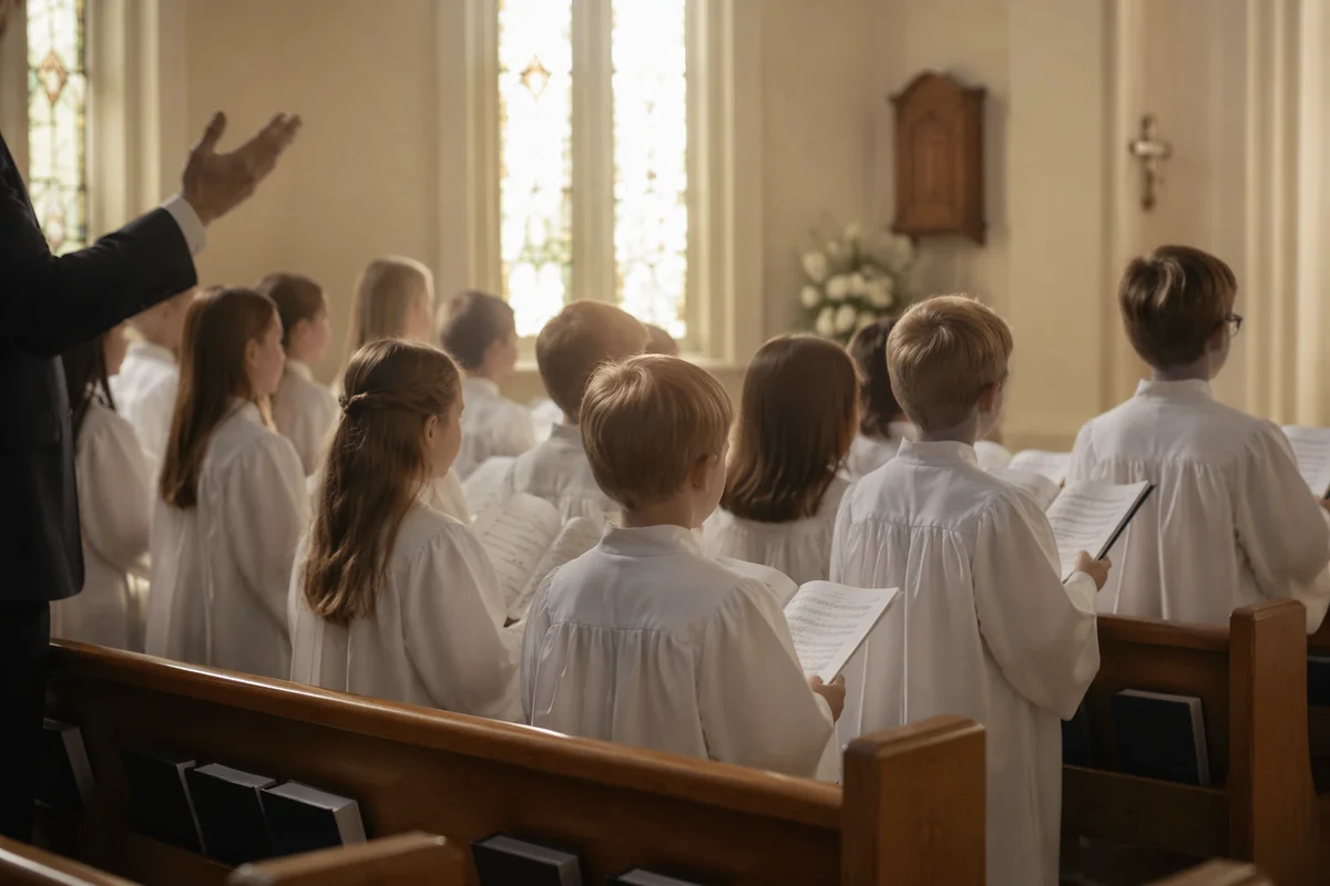 Children Church Choir Singing in White Robes