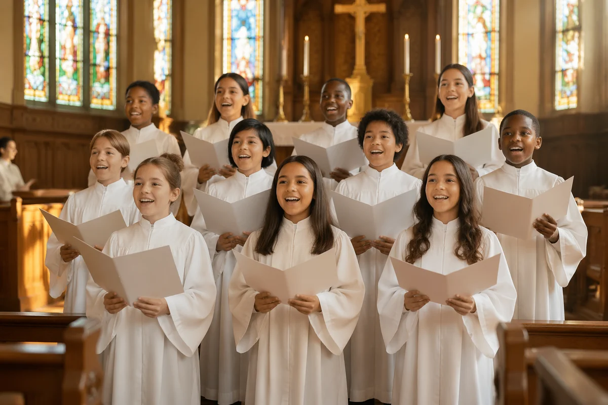 Children Choir Singing in Bright Church