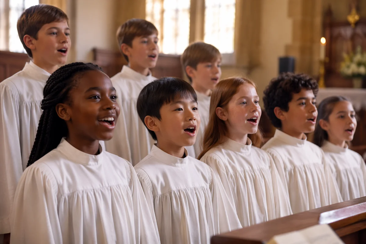 Children Choir Singing in Church Interior
