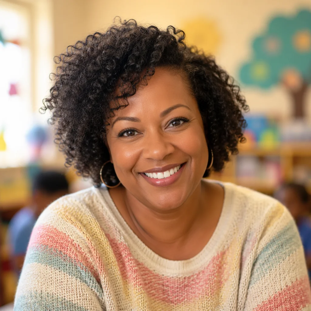 Warm Smiling Woman in Classroom Portrait
