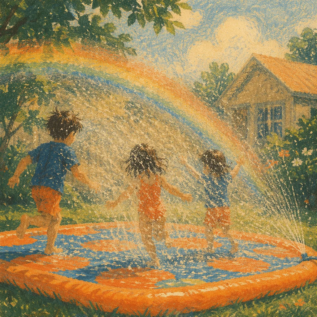 Children Playing in Summer Sprinkler Yard