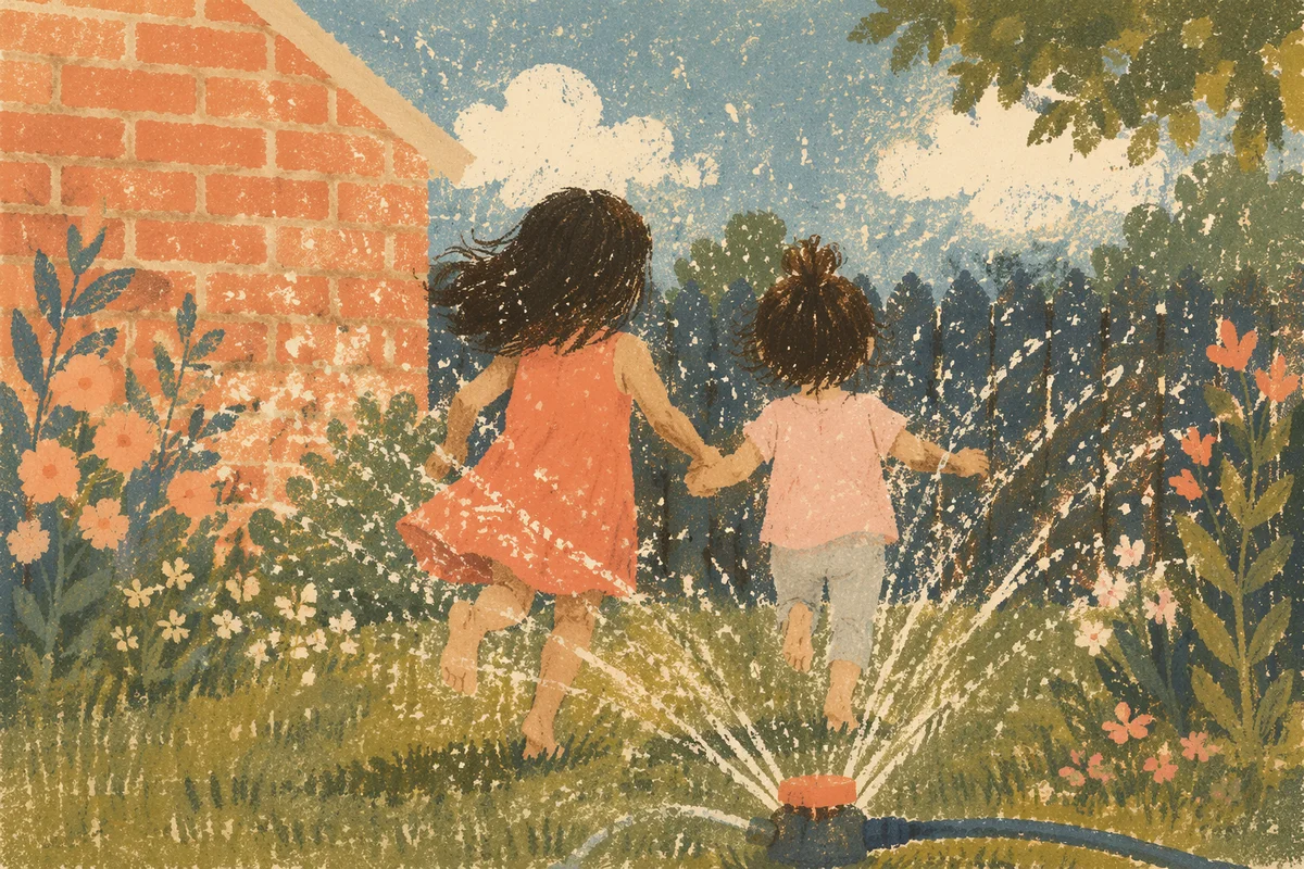 Joyful Children Running Through Summer Sprinkler